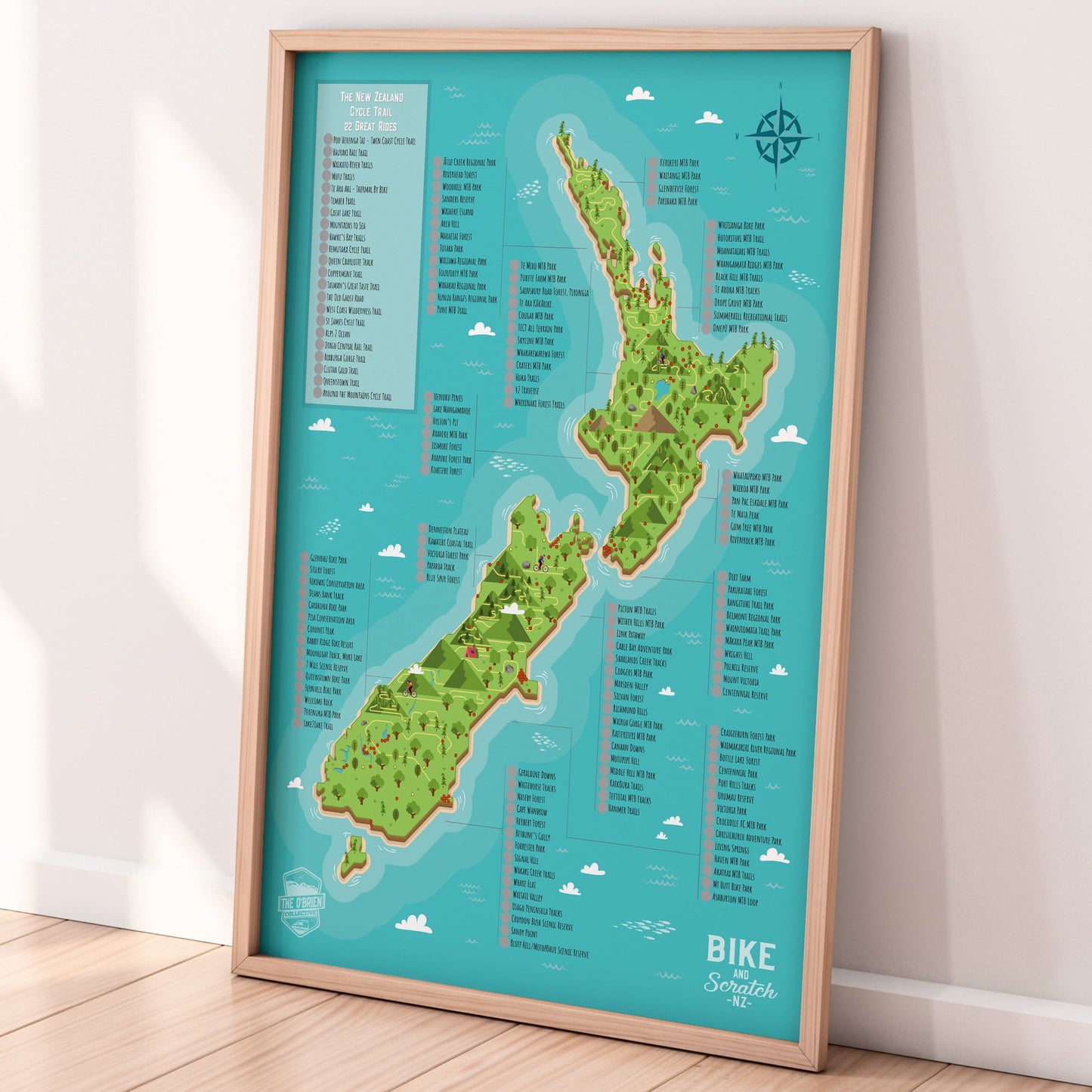 Biking Scratch Map NZ - Framed