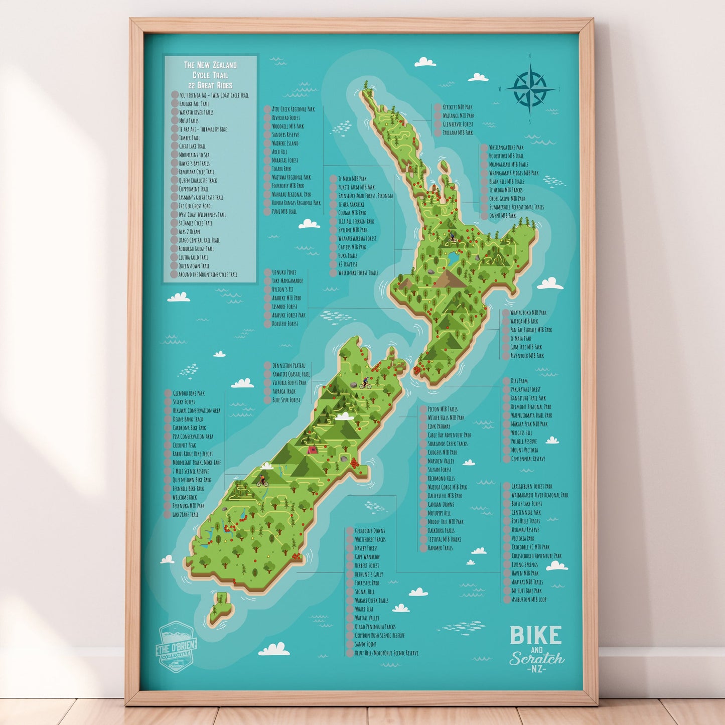 Biking Scratch Map NZ - Framed