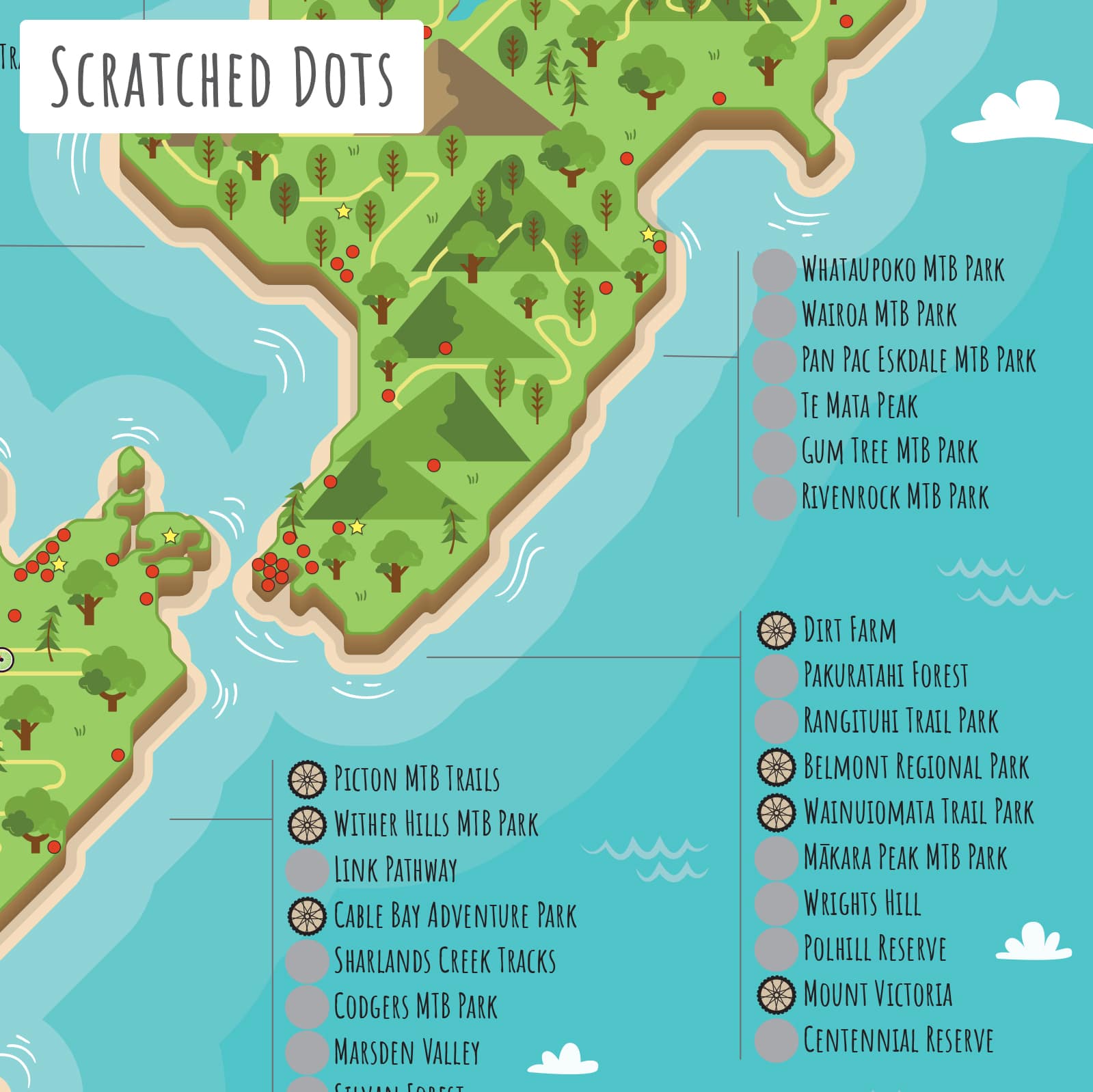 Biking Scratch Map NZ - Scratched Dots